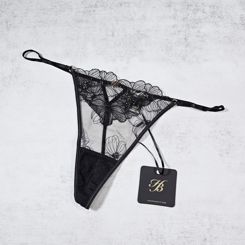 Honey Birdette Isla Black Floral Embroidered Beaded Thong Panty Size M